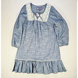 EleStory Chambray Boho Lace Dress Long Sleeve Ruffle Hem Blue NWT Size L